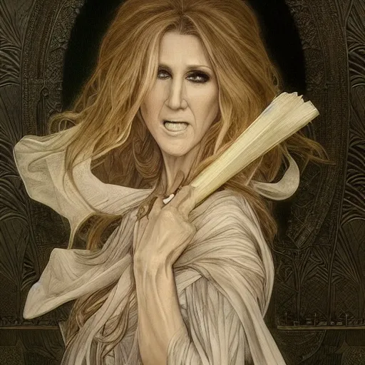 Image similar to beautiful lifelike award winning pencil illustration of celine dion as a scary wraith with her mouth wide open trending on art station artgerm greg rutkowski alphonse mucha museum quality cinematic atmospheric