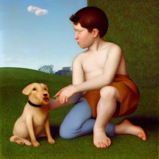 Image similar to a boy and his dog by Raphael, Hopper, and Rene Magritte. detailed, romantic, enchanting, trending on artstation.