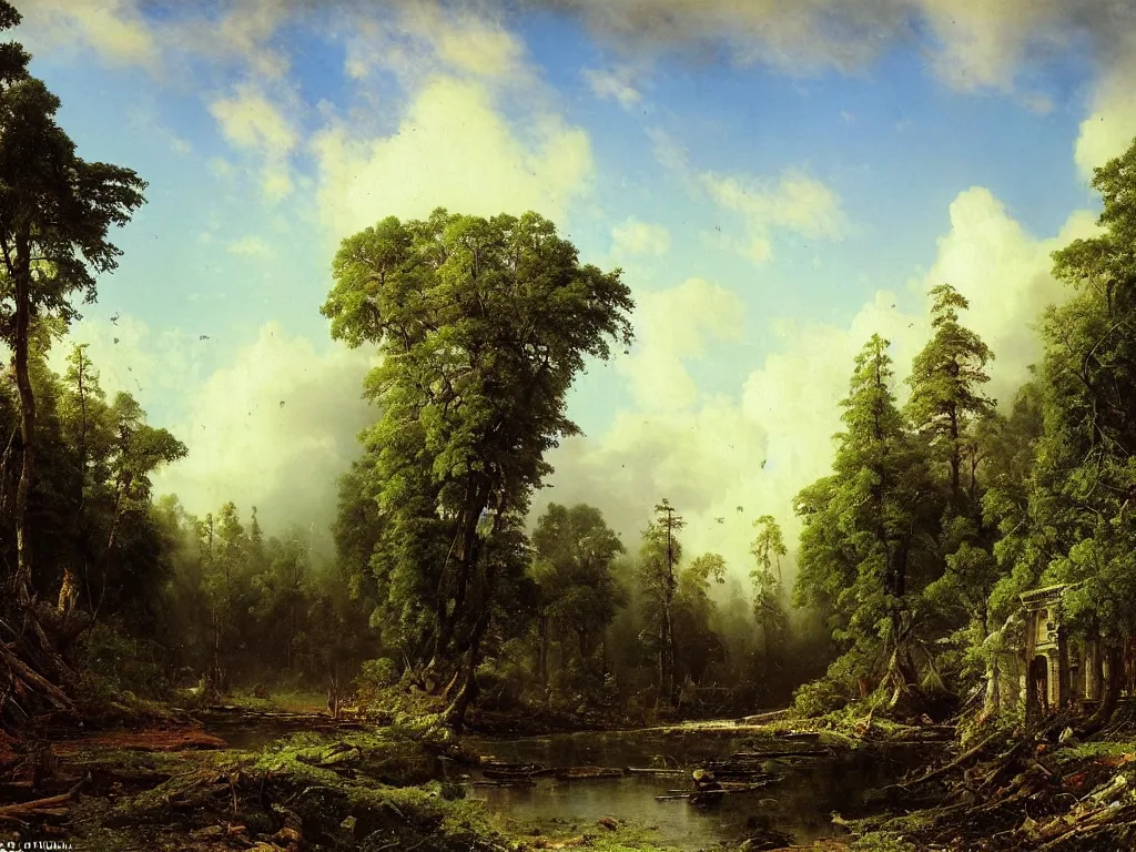 Image similar to abandoned city reclaimed by nature by ivan shishkin and aivazovsky, oil on canvas, highly detailed, masterpiece