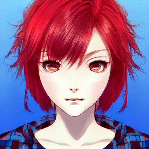 Image similar to full headshot portrait of woman with red hair and blue, digital art, drawn by WLOP, by Avetetsuya Studios, anime manga panel, trending on artstation, wearing a plaid shirt