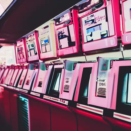 Image similar to a wide angle filmic polaroid photo of pale pink tickets printing from a ticket machine in an outdoor arcade. with symbols, airline data that read “ to the metaverse ” in bold red text, alien ar code and e - ink display, highly detailed, no noise, coherent text english characters