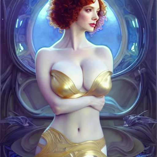 Image similar to christina hendricks wearing a white periwinkle, sci fi, glowing eyes, volumetric lights, gold theme, art nouveau botanicals, intricate, highly detailed, digital painting, artstation, concept art, smooth, sharp focus, cinematic, illustration, beautiful face, art by artgerm and greg rutkowski and alphonse mucha