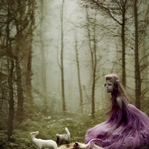 Image similar to by laura makabresku, by jason pearson, by mat collishaw defined claymation. a beautiful performance art of princess aurora singing in the woods while surrounded by animals. she looks so peaceful & content in the company of the animals, & the colors are simply gorgeous.