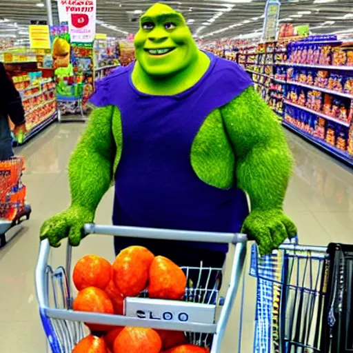 Image similar to shrek shopping at walmart