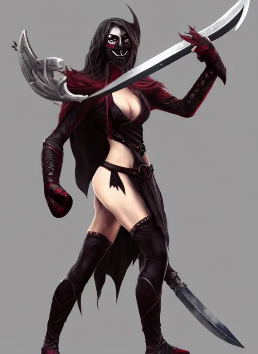 Image similar to full - body, female vampire holding a two - handed greatsword with both hands, lean and muscular, flying, barefoot, kickboxing foot wraps, exposed toes, black heavy armor, historical armor, metal mask, enchanting, elegant, smiling, ghostblade, wlop, modern fantasy, realistic proportions.