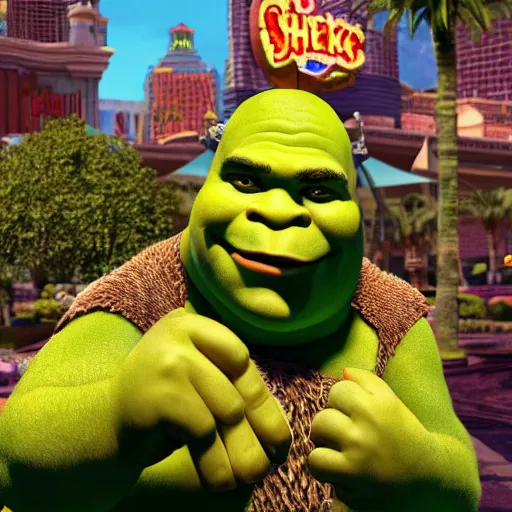 Prompt: shrek living the good life in las vegas, cinematic, photorealism, 4 k, highly detailed