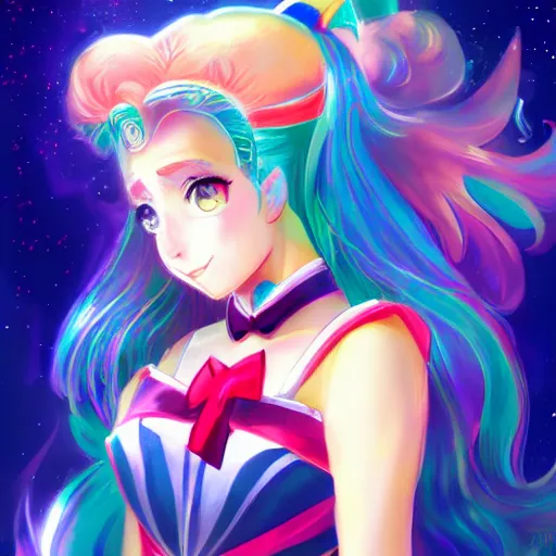 Image similar to a portrait of a celestial magical girl, sailor moon, star guardians, very beautiful, very attractive, trending on artstation, cool color scheme, deviant art