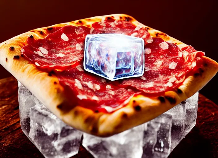 Image similar to clear highly detailed photorealistic food photograph of a big ice cube with a pizza frozen inside the cube with salami pepperoni, the cube refracts the sunlight, volumetric, the ice cubes laying on marvel stone