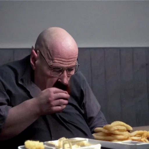 Prompt: morbidly obese walter white eating mcdonalds in breaking bad 4 k, epic, cinematic, focus, movie still, fantasy, serious, extreme detail, atmospheric, dark colour, sharp focus