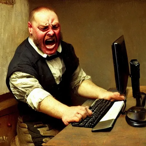 Image similar to an angry man yells at his computer monitor, oil on canvas, 1 8 8 3, highly detailed, high resolution