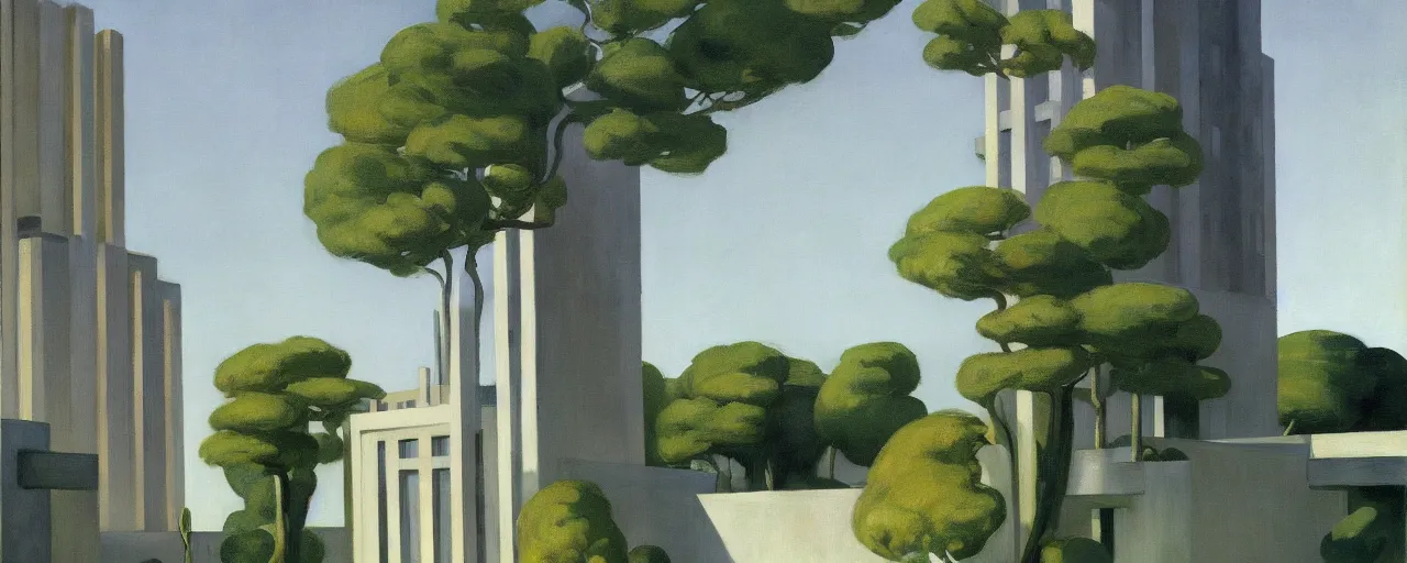 Image similar to futuristic brutalist apartments with trees and plants, edward hopper