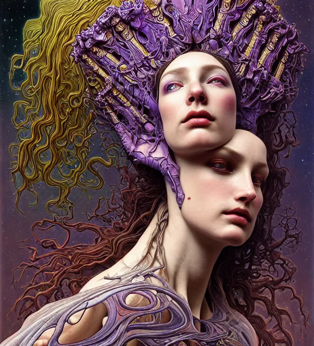 Image similar to detailed realistic beautiful young groovypunk queen of andromeda galaxy in full regal attire. face portrait. art nouveau, symbolist, visionary, baroque, giant fractal details. horizontal symmetry by zdzisław beksinski, iris van herpen, raymond swanland and alphonse mucha. highly detailed, hyper - real, beautiful