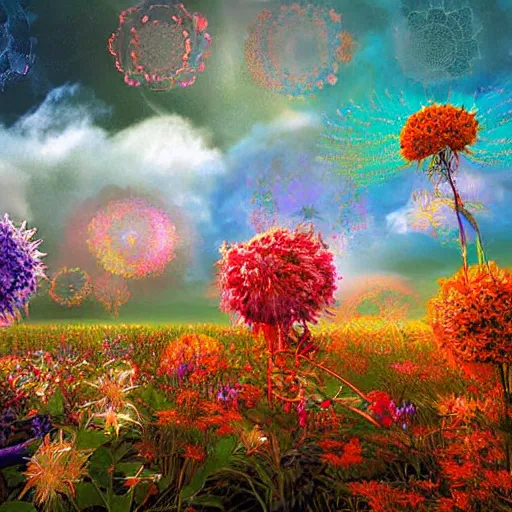 Prompt: spirits over the horizon, spiritual, digital art, warm color palette, colorful, vapor, mist, flowers, floral, diffraction grading, de - noise, by akihito yoshida, by weta fx, by yaoy kusama, by yoshitaka amano