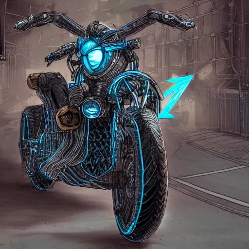 Image similar to a detailed intricate beautiful rocket-powered cyberpunk-style flying motorbike, trending on arstation