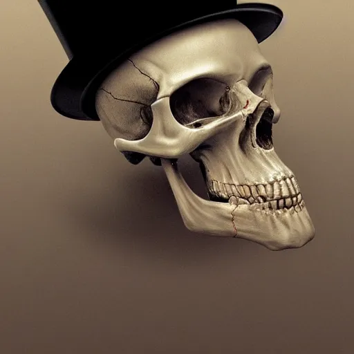 Image similar to hyperrealistic skull wearing a top hat surrounded by smoke, smoke pouring out of its mouth,