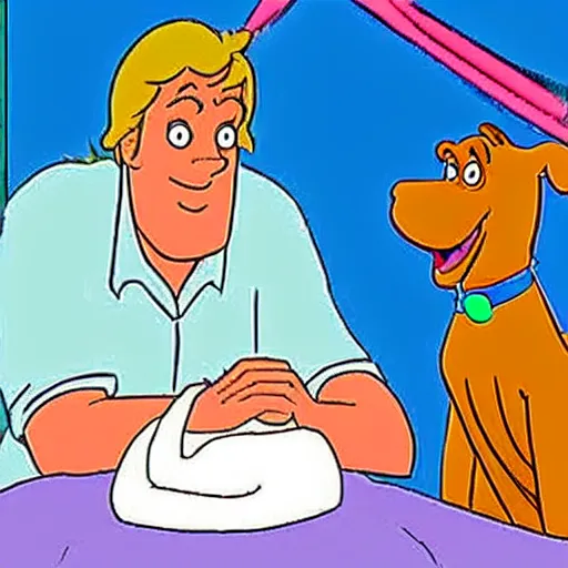 Image similar to scooby - doo on deathbed, freinds and family surround him with love, shaggy holding his paw, uplifting, hospice, hannah barbera, animated tv show