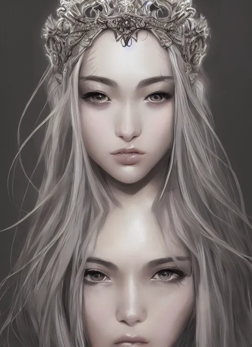 Image similar to nymph of the moon, oriental beautiful face, wearing hair crown, silver hair, youthful attractive, clear symmetrical face portrait, muted colors, artstation, cgsociety, character concept art, highly detailed