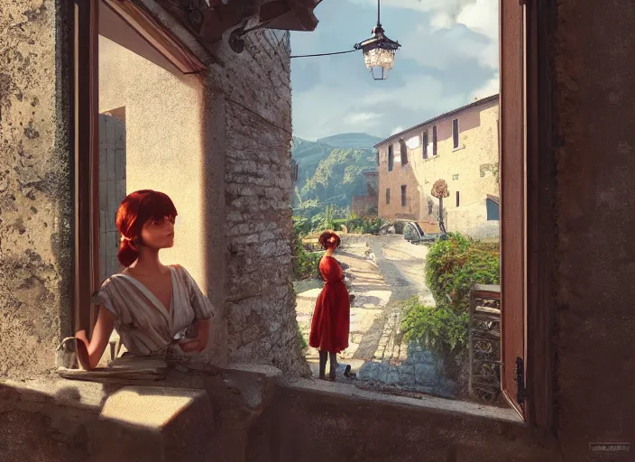 Image similar to seen through a window, italian village, by ilya kuvshinov, rtx rendering, octane render 1 2 8 k, maya, extreme high intricate details by tom bagshaw, composition by sana takeda, lighting by greg rutkowski