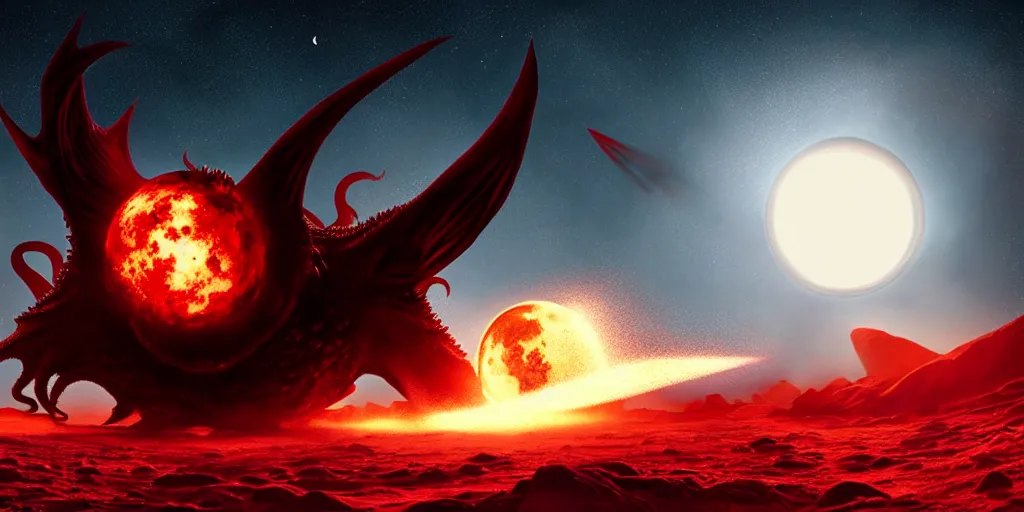 Prompt: giant <Cthulhu> silhouetted lunar surface crushing attacking redspaceship misile fighter with explosion, photorealistic, wide-angle, long shot, epic, space, lunar photo backdrop on film