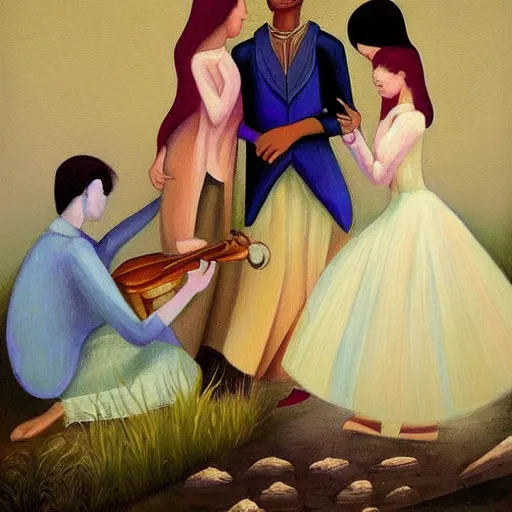 Prompt: a dreamlike painting of the musician Prince jealous over the closeness, empathy and love between two sisters
