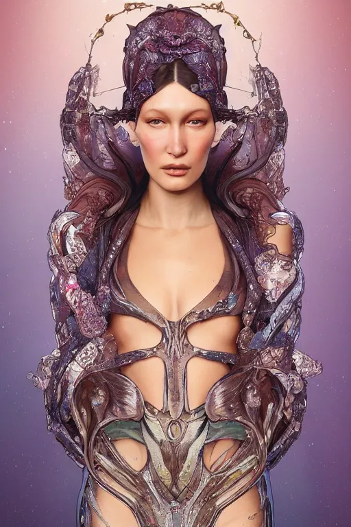 Image similar to a highly detailed painting of a beautiful alien goddess bella hadid in iris van herpen dress schiaparelli in diamonds in style of alphonse mucha art nuvo trending on artstation octane render