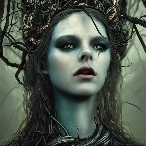 Image similar to dramatic portrait of the dark queen of snakes, wearing a crown of thorned vines, blue skin, realism, dark fantasy illustration, surrounded by dead forest, dynamic lighting, detailed textures, octane render, artstation