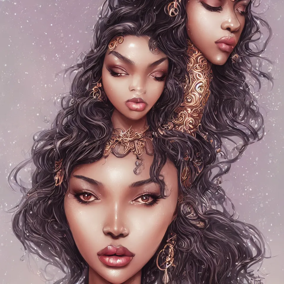 Prompt: A tall black skinned girl with large lips and smooth eyebrows and wavy hair, complimentary eyeliner, light blush and metallic eyeshadow, HD, illustration, epic, fantasy, intricate, elegant, amazing detail, digital painting, artstation, concept art, smooth, sharp focus, illustration, art by Turine Tran