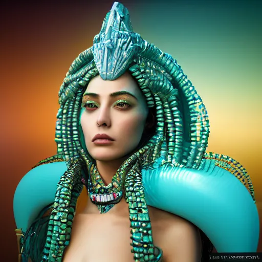 Prompt: unreal engine, octane render, 8 k, sandro botticelli portrait of egyptian sumerian goddess princess intergalactica, nautical siren, lady of elche, queen of heaven, techno mystic goddess, with aqua neon dreadlocks, teal eyebrows encrusted with diamonds, wearing iris van herpen haute couture, star - gate of futurisma,