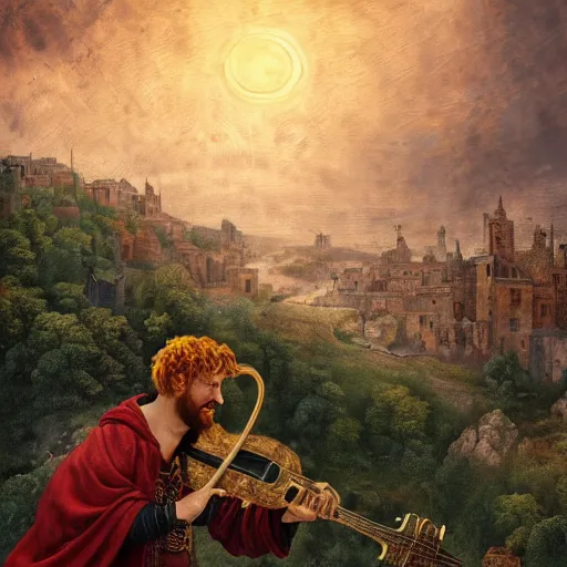 Image similar to a rugged man with curly red hair wearing a green cloak playing a lute sitting on a roof top, medieval setting, entire city visible, zoomed out, night, atmospheric lighting, painted, intricate, volumetric lighting, beautiful, rich deep colours masterpiece, golden hour, digital art