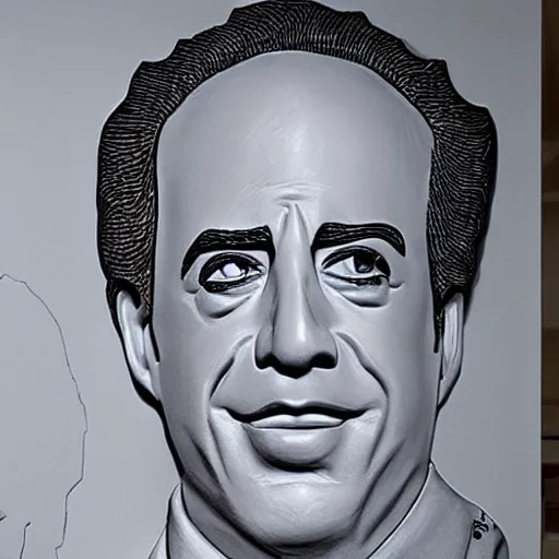 Image similar to Jerry Seinfeld's face carved un wood, detailed artwork, Masterpiece