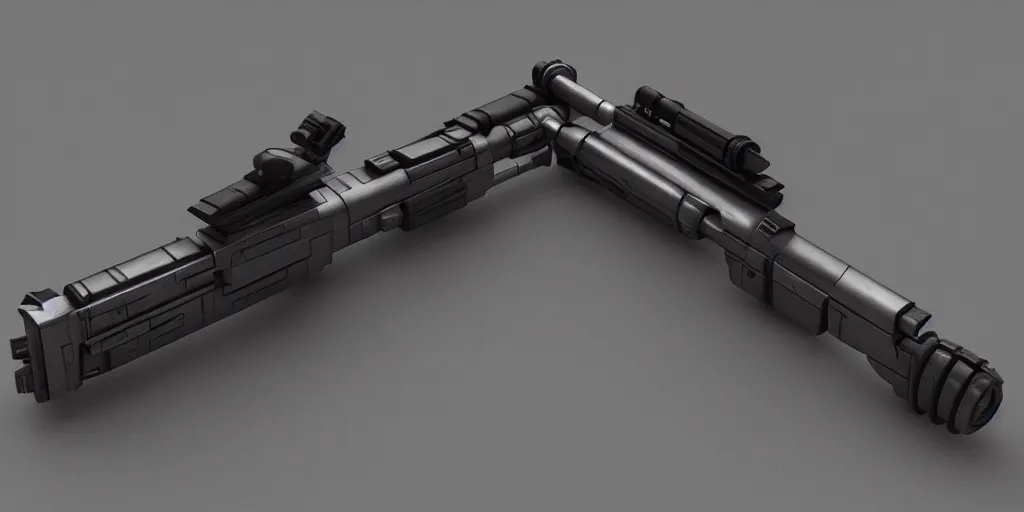 Image similar to photography of a futuristic rifle designed by dieter rams and neill blomkamp and aaron de leon concept art, 3 d, maya, blender, octane render, realistic, sharp focus