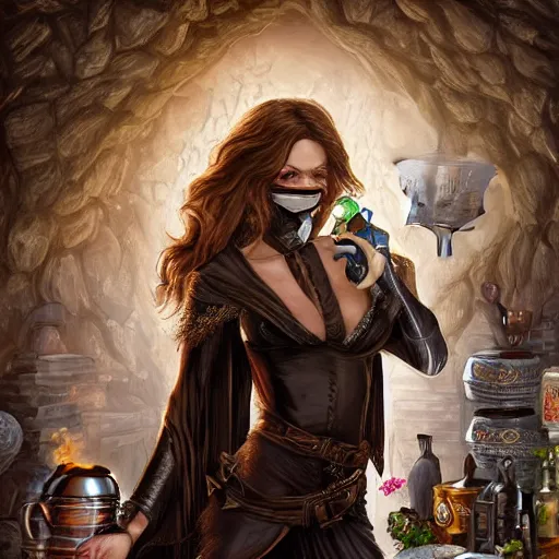 Prompt: kate beckinsale weared as thief, with rogue face mask, shining eyes and pointed nose, holding flask in hand, with knives in bandolier and cloak cape, sit in dark fantasy tavern near fireplace, behind bar deck with bear mugs, lockpicks and pile of gold, medieval dnd, colorfull digital fantasy art, 4k