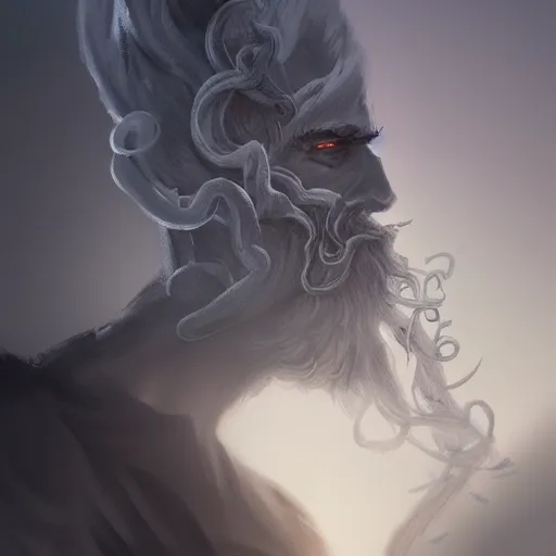 Prompt: side view of a man made of swirling smoke and tendrils of fog leaning against a wall, twilight colors, cinematic, highly detailed, digital painting, artstation, concept art, smooth, sharp focus, illustration