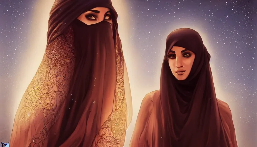 Image similar to Portrait of very very very very very very beautiful Arab woman wearing a Niqab, glowing magical eyes, energy trails, under giant full moon in the desert, intricate, elegant, highly detailed, digital painting, artstation, concept art, smooth, sharp focus, illustration, art by artgerm and greg rutkowski and alphonse mucha