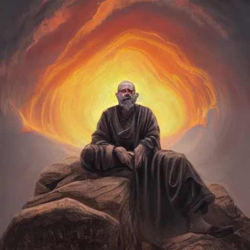 Image similar to painting of an old man with a silver gray beard and ragged robes knelt down on the peak of a mountain, the sky above is wreathed in flames, the man chisels an inscription on a stone, realistic, detailed, ancient, digital art, apocalyptic, earth tones, dramatic, cinematic lighting