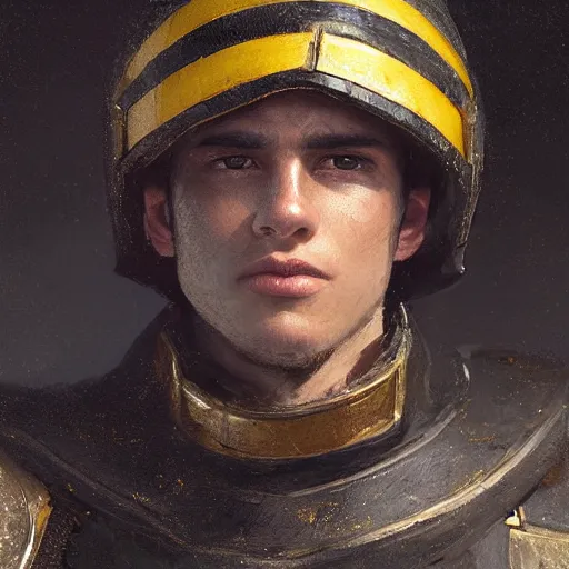 Prompt: Medium closeup young idealistic and pious male Imperial soldier wearing a black tabard with light yellow accents over a gambeson and a {perfect barbut helm}, by Raymond Swanland Greg Rutkowski Lise Deharm, {perfect face}, {perfect eyes}