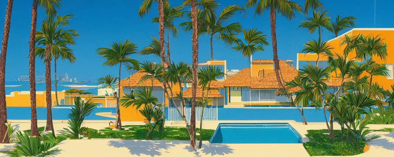 Prompt: one storey house with pool beside the sea, south california, palm trees, summer, vibrant colours, hiroshi nagai