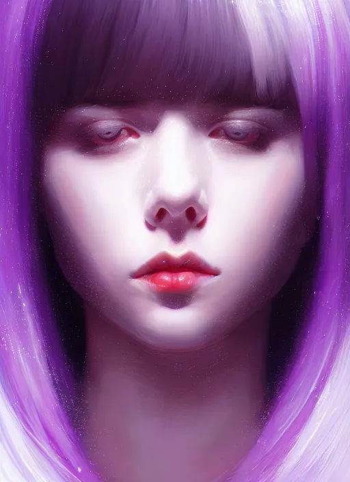 Image similar to hair whitebangs hair, white hair, whitebangsblackhair, portrait of teenage girl with white bangs, blackhair, red irises, purple clothes, intricate, elegant, glowing lights, highly detailed, digital painting, artstation, concept art, sharp focus, illustration, art by wlop, mars ravelo and greg rutkowski