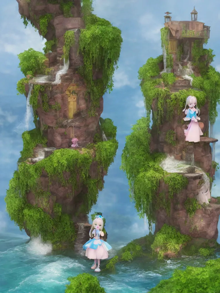 Prompt: cute fumo plush of a princess girl in a tower on a tiny island with a long flowing waterfall, floating island, vignette, vray