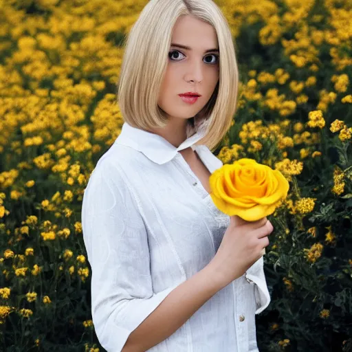 Prompt: blonde haired woman wearing white clothes holding a yellow rose, highly detailed, 4k