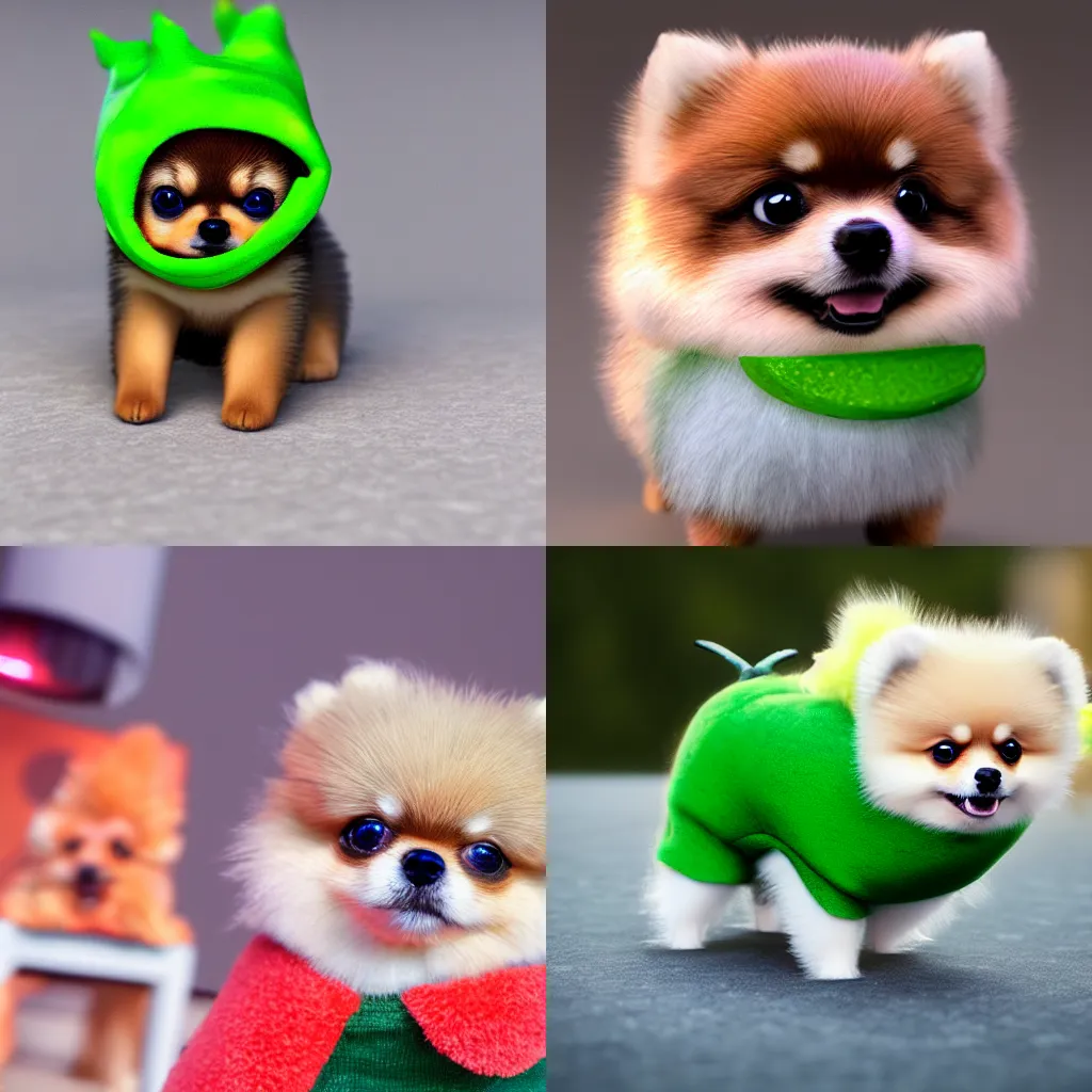 Prompt: the most tiny Pomeranian puppy wearing a pickle costume, Trending on artstation, featured on Behance, well-rendered, Unreal Engine, 4K HD