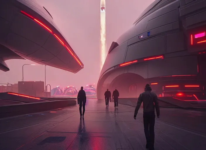 Image similar to a futuristic colony, blade runner 2 0 4 9 city architecture, spacex starship rocket launch site, environmental lighting, stromy weather, ray tracing, people walking on street, amazing view, highly detailed, heavy traffic, neon shops, octane render, unreal engine 5, 4 k