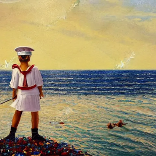 Prompt: sailor on sea with million bottles