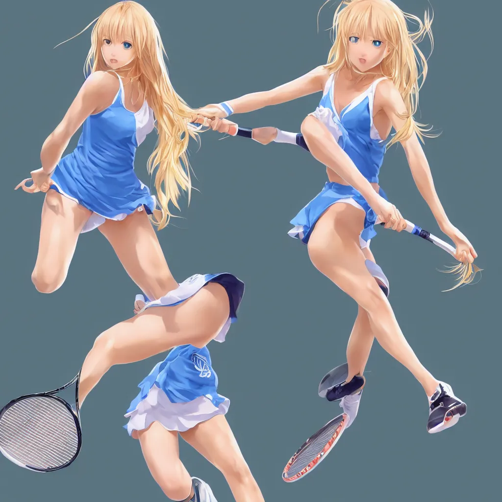 Image similar to a very beautiful young tennis player yuuki asuna, full body, long wavy blond hair, sky blue eyes, full round face,, bikini, miniskirt, front view, mid - shot, highly detailed, cinematic wallpaper by stanley artgerm lau