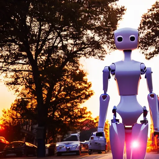 Prompt: a calming photograph of a tall, slender, humanoid robot caresses a beautiful woman in the face, large shot, wide shot, in a street, sunset photo