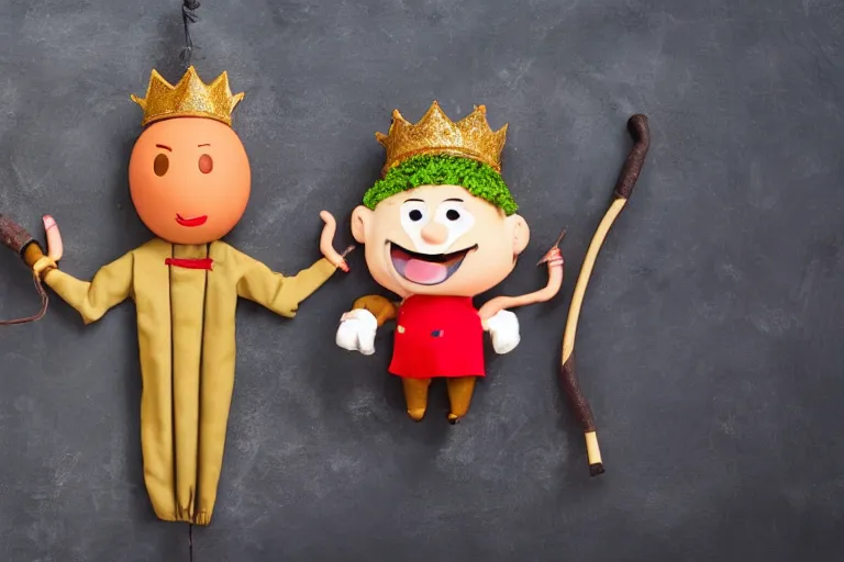 Image similar to legume bean holding a staff, wearing crown, cartoon character,