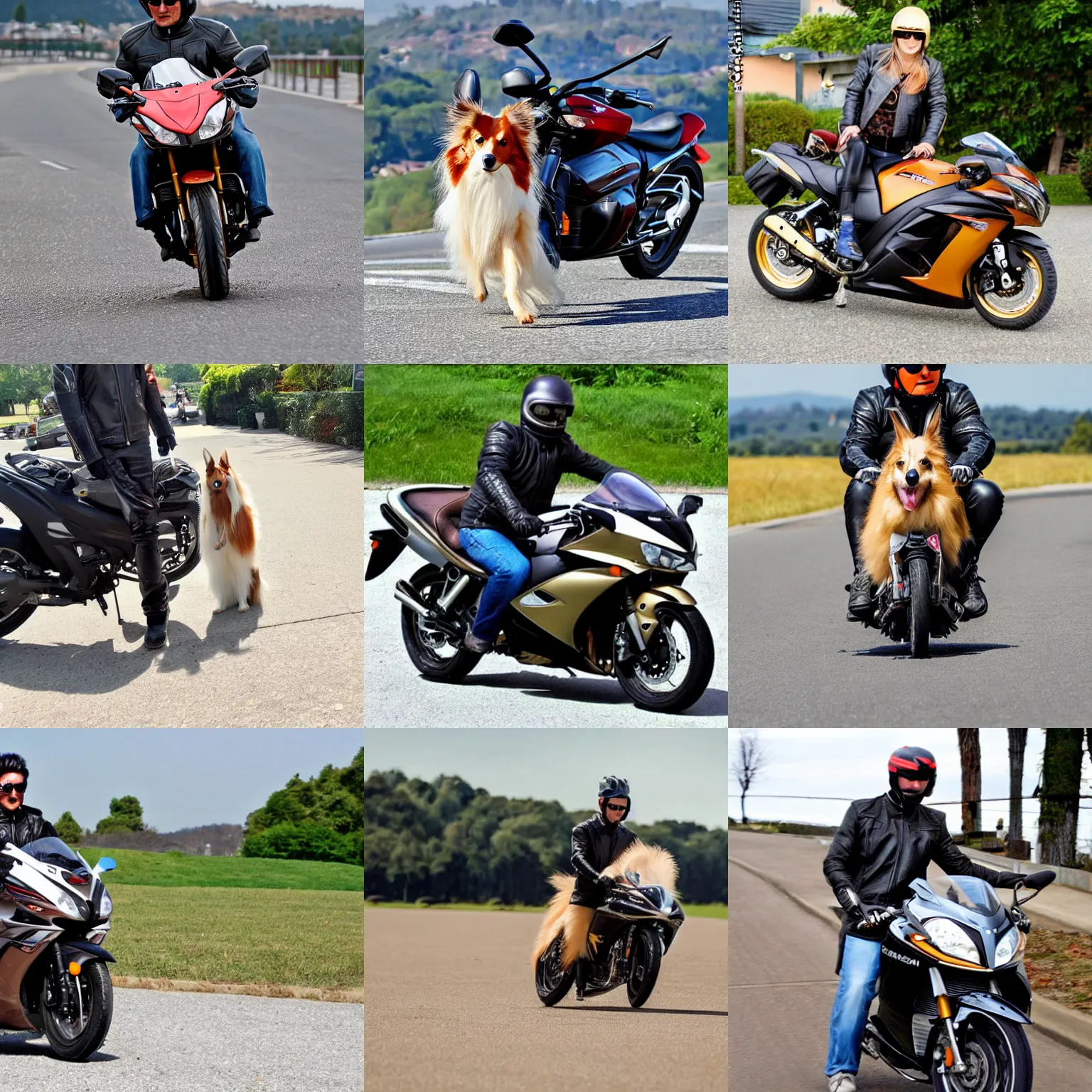 Prompt: a sheltie with a leather jacket and a helmet and sun glasses on top of a suzuki hayabusa