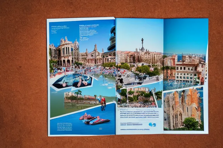 Prompt: touristic brochure of a family visiting a catastrophic barcelona, buildings covered with high water, floating cars, catchy graphic design, photo real