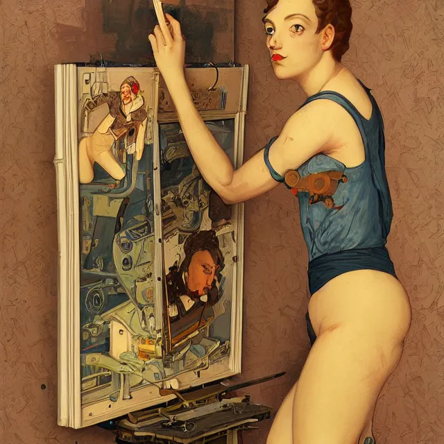 Image similar to robot artist painting a self - portrait on a canvas. intricate, highly detailed, digital matte painting, in the style of alexandros pyromallis, and in the style of sachin teng, and in the style of hans thoma, and in the style of gil elvgren. irony, recursion, inspiration, art nouveau.