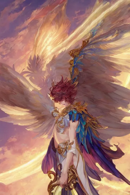 Image similar to a beautiful painting of sandalphon from granblue fantasy, wings with colorful feathers, ray of light, shimmering and prismatic, rococo, highly detailed, by krenz cushart and mucha, trending on artstation.